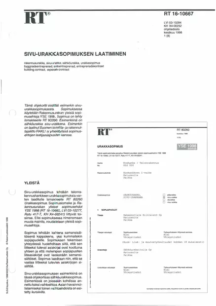 RT 16-10667. Sivu-urakkasopimuksen laatiminen. - Työohjeet ja standardit - 10613 - 1